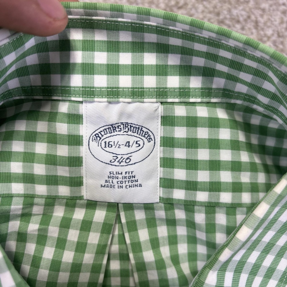 Brooks Brothers Shirt Mens 16.5 Green Gingham Slim Fit Long Sleeve Non Iron - Picture 2 of 7